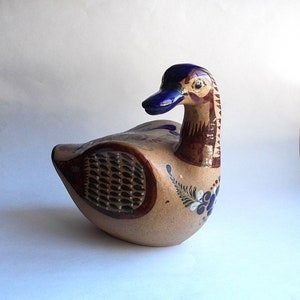 Vintage Large Mexican Pottery Duck-Folk Art-Brown w/ Blue & Green Accents-Marked