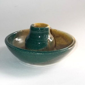Vintage Pottery/Stoneware Candleholder or Squatty Vase-Blue/Green & Gold Glaze