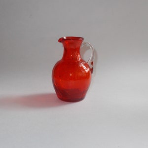 Vintage 1980s SMALL Red Blown Crackle Glass Pitcher-Applied Handle