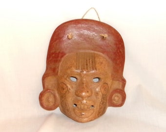 Vintage Mexican Aztec Mayan Clay Pottery Wall Mask-Grinning/Snarling Man-9-1/4" Tall