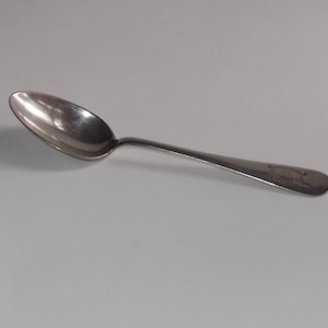 Puede incluir: Una cucharita de plata con un cuenco redondeado y un mango largo y delgado. El mango tiene un diseño decorativo.