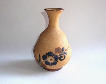 Vintage Mexican Tonala Sandstone Pottery Bud Vase-Glazed Bird & Flowers-Unsigned
