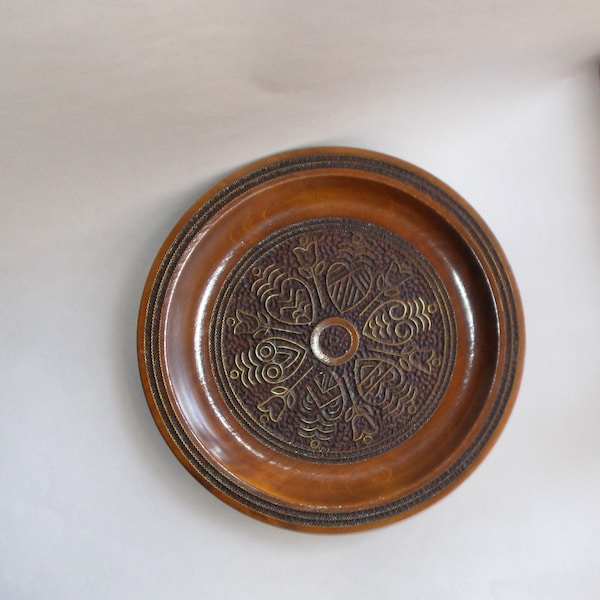 Vintage 70s Polish Folk Art Wooden Plate-Heart Design-Brass Inlay-Pyrography