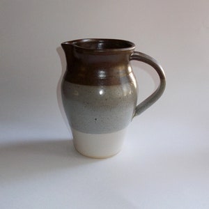 Vintage Hand Thrown Clay Art Pottery Pitcher-Brown, Gray & Tan Bands-Unsigned