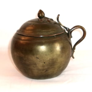 Vintage/Antique Pewter Washed Copper Pot w Hinged Lid-Blue Enamel Inside-Mug? Tea Caddy? Canister?