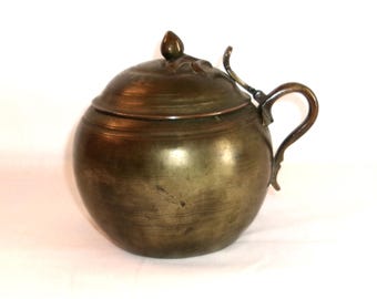 Vintage/Antique Pewter Washed Copper Pot w Hinged Lid-Blue Enamel Inside-Mug? Tea Caddy? Canister?