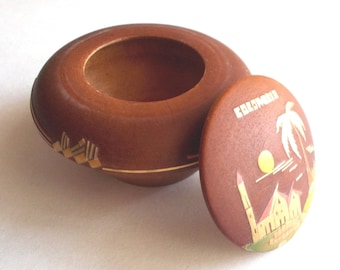 Vintage 80s/90s Small Round Trinket Box/Dish/Jewelry Box-Made in Colombia-Applied Design-3" Dia