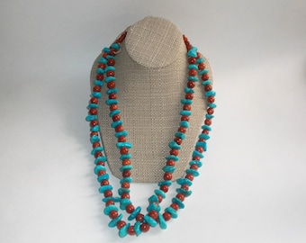 Vintage 1980s Turquoise Chunk Double Strand Necklace w Unknown Beads-Strung w Twine-26"