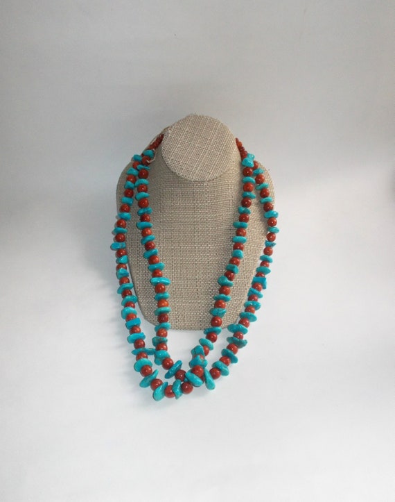 Vintage 1980s Turquoise Chunk Double Strand Neckla