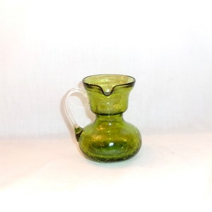 Vintage Handblown Green Crackle Glass Pitcher-Pontil Mark-Applied Clear Glass Handle-1 Chip