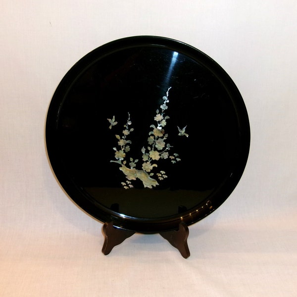 Vintage Asian Black Lacquer Round Tray or Platter w Mother of Pearl Inlay-12-3/8" Diameter