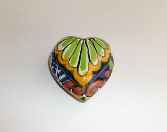 Vintage 80s/90s SMALL Traditional Mexican Talavera Pottery Heart Shape Trinket Box/Dish-Jewelry Box-Cobalt Blue Background