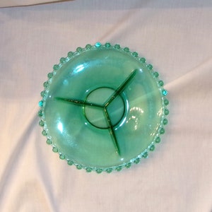 Vintage Mid Century Green Glass Candlewick Divided Relish/Candy Tray