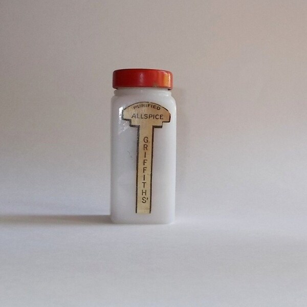 Vintage 1940s or 1950s Griffiths White Milk Glass Spice Jar with Red Lid-Allspice