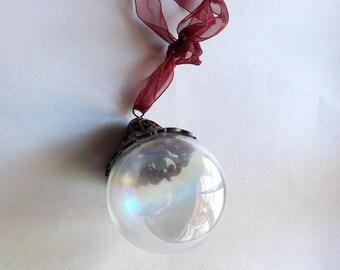 Heavy Glass Ball Christmas Ornament with Ornate Peaked Metal Cap with Enamel and Rhinestones