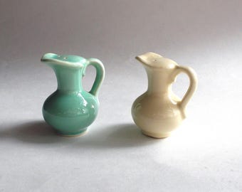 Vintage Unbranded Salt-Pepper Shakers-Aqua & Yellow Pitchers w Corks-3" Tall