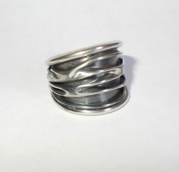 Vintage 1990s 925 Silver Wide Band Ring-Abstract … - image 1