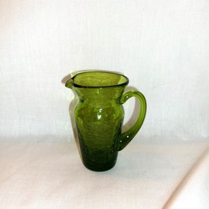 Vintage Handblown Green Crackle Glass Pitcher-Pontil Mark-Applied Handle