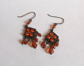 Vintage Orange Glass & Plastic Bead Dangle Pierced Earrings-Hippie /  BoHo-Gorgeous