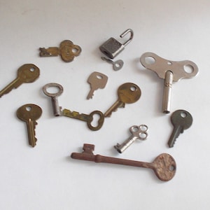 May include: A collection of vintage keys, including a skeleton key, a padlock, and a wind-up key. The keys are made of brass and steel and have a variety of shapes and sizes.