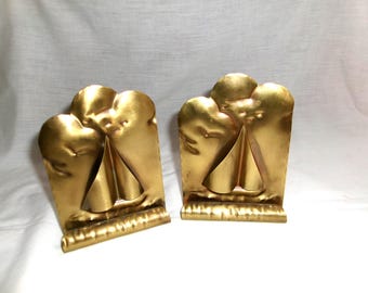 Vintage 1940s/1950s Gregorian BRASS Sailboat Bookends #217