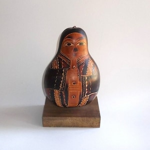 Vintage 1980s Peruvian Carved & Painted Gourd on Wood Stand-Man Playing Flute-Made in Peru