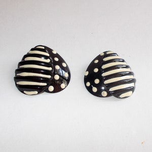 Vintage 1980s/1990s Funky Abstract Earrings; Heart Shape-Black & White Enamel on Metal