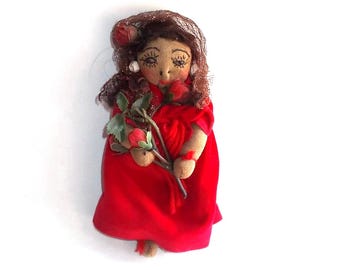 Vintage Mexican or Spanish Hand Crafted Cloth Doll-Red Dress-Lace Mantilla-Roses