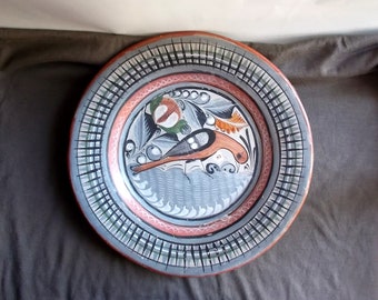 Vintage Large Mexican Tonala Pottery Plate-15-1/2" Diameter-Large Dove w Fern