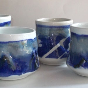 Vintage 1990s Alfredo Ibarra Handcrafted Pottery Cups/Vases-Cobalt Blue & White-Glazed-Set of 4