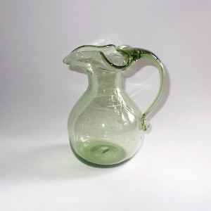 Vintage 1960&#39;s or 1970&#39;s Hand Blown Pale Green Glass Pitcher-Applied Handle-Pontil Mark