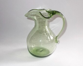 Vintage Hand Blown Pale Green Small Art Glass Pitcher With Applied