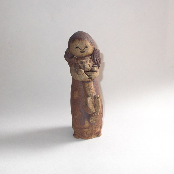 Vintage 1970s Handmade Pottery-Clay-Stoneware Figurine-Young Lady or Girl with Cat-Signed