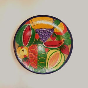 Vintage LARGE Hand Painted Mexican Plate-Bright Colored Fruit-12" Diameter-Signed