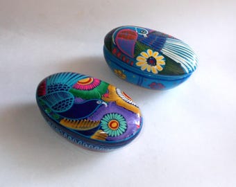 Vintage Mexican Talavera Pottery Trinket Boxes: Bird & Floral Design