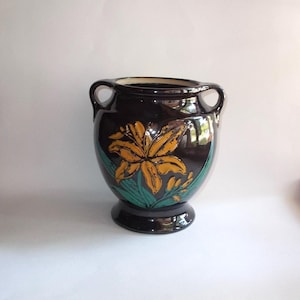 Vintage Cookie Jar/Pot/Stoneware Crock-Raised Yellow Lily-Yellow Flower-Loop Handles