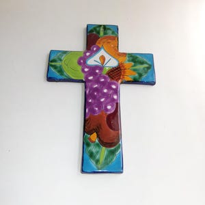Mexican Talavera Pottery Wall Cross-Shades of Blue / Turquoise & Purple Grapes-11" tall