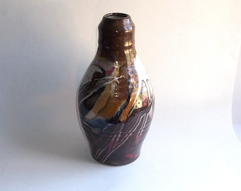 Vintage 1990s Alfredo Ibarra Handcrafted Pottery Vase-Brown w Color Accents-11.5" tall
