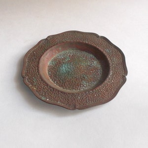 Vintage Small Hammered Copper Tray/Ashtray/Coaster-Well Loved-Verdigris