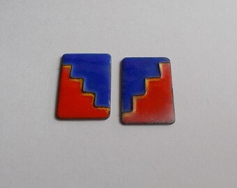 Vintage 1950's / 1960's Enamel on Copper Flat Pieces-Orange & Blue Geometric-Unsigned-Re-Purposing