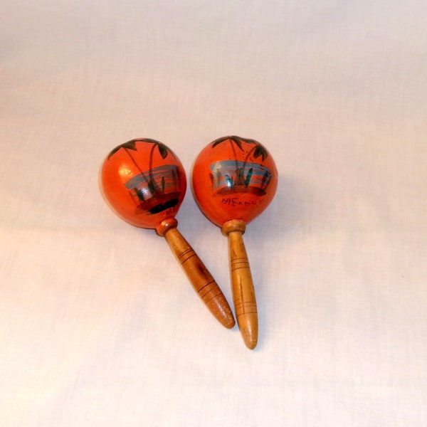 Vintage 1960s Pair Hand Painted MEXICAN Maracas on Gourd with Rattles-Mexican Souvenirs