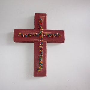 Handcrafted/Re-Cycled Wood Wall Cross-Painted Red with Colorful Bead Chains Attached