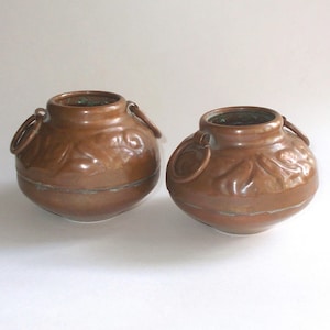 Pair Vintage Embossed Solid Copper Pots with Handles-Floral Design-Nice Patina