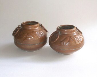 Pair Vintage Embossed Solid Copper Pots with Handles-Floral Design-Nice Patina
