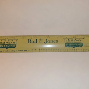 Vintage Paul Jones 4 Roses Whiskey Distillery 12&quot; Metal Ruler-Yellow w Blue Lettering