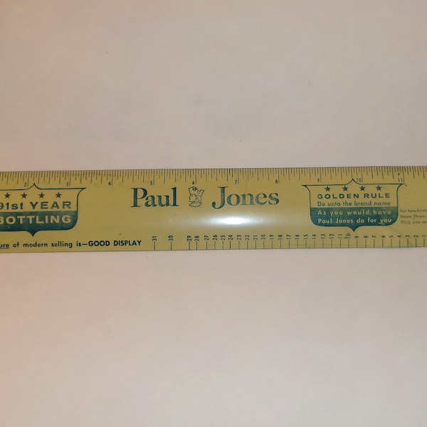 Vintage Paul Jones 4 Roses Whiskey Distillery 12" Metal Ruler-Yellow w Blue Lettering