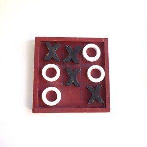 Vintage 1980s Handcrafted Wooden Tic Tac Toe Game Board with ALL 8 Pieces-8-1/4&quot; Square