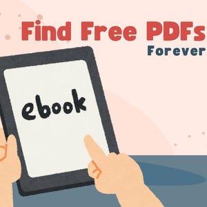 以下が含まれることがあります： 画面に「ebook」という文字が表示された黒い電子書籍リーダーのイラスト。リーダーの上には「Find Free PDFs Forever」というテキストが表示されています。背景は明るい桃色です。