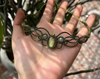 Labradorite Macrame Choker Necklace: Green Adjustable Handmade Collar