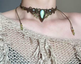 Handmade Macrame Labradorite Necklace with Raw Brass Beads